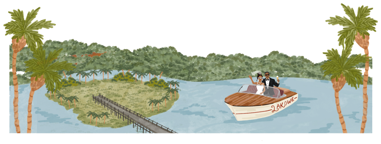 Illustration of the couple arriving at Lakowe by boat