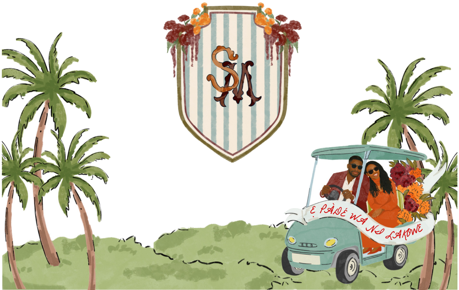Illustration of the couple in a golf cart, framed by palm trees